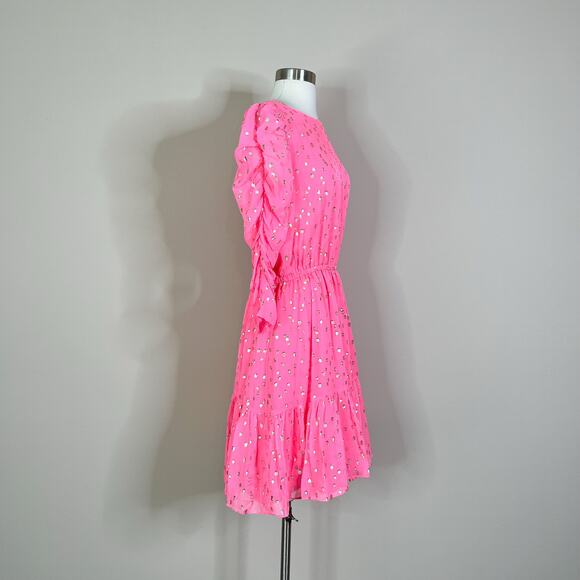 Lilly Pulitzer | Silk Chianna Coral Sands Pink Gold Polka Dot Puff Sleeve Dress - Picture 5 of 10